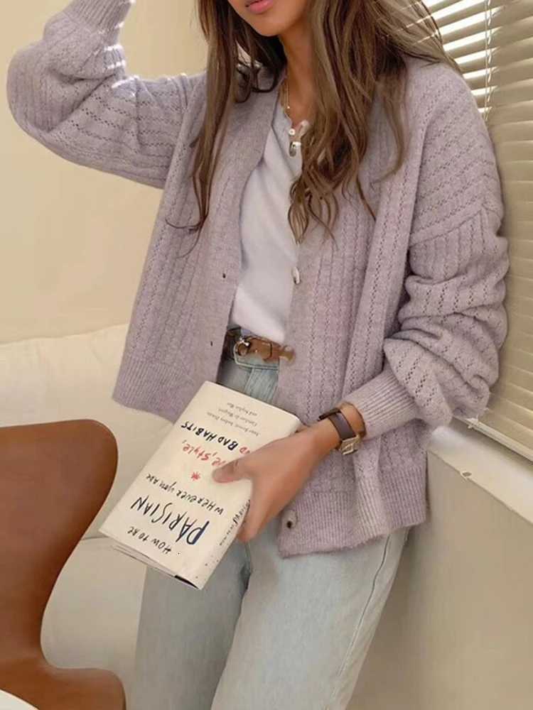 V Neck Casual Loose Elegant Women Sweater New Fashion Cardigan Office Lady Jacket Solid Color Outwear Autumn Winter Knitted CoatT251101