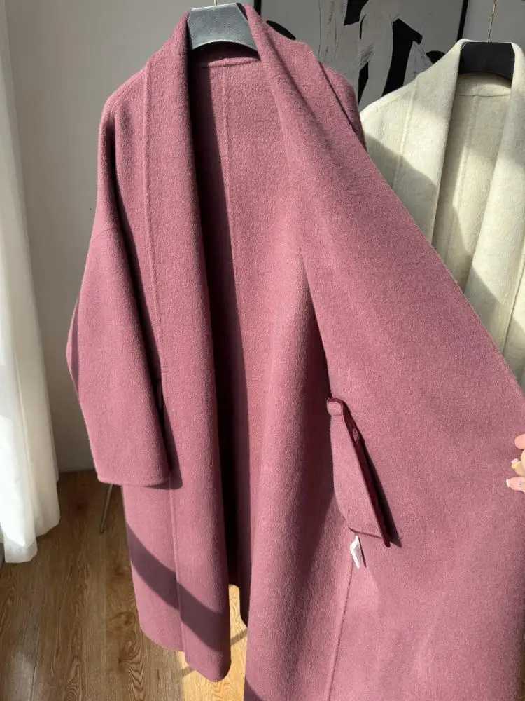 DoubleSided Barthrobe Office Lady Woolen Yark Hair Jackets 2025 Autumn And Winter Loose LaceUp Womens Long Wool CoatsT251101