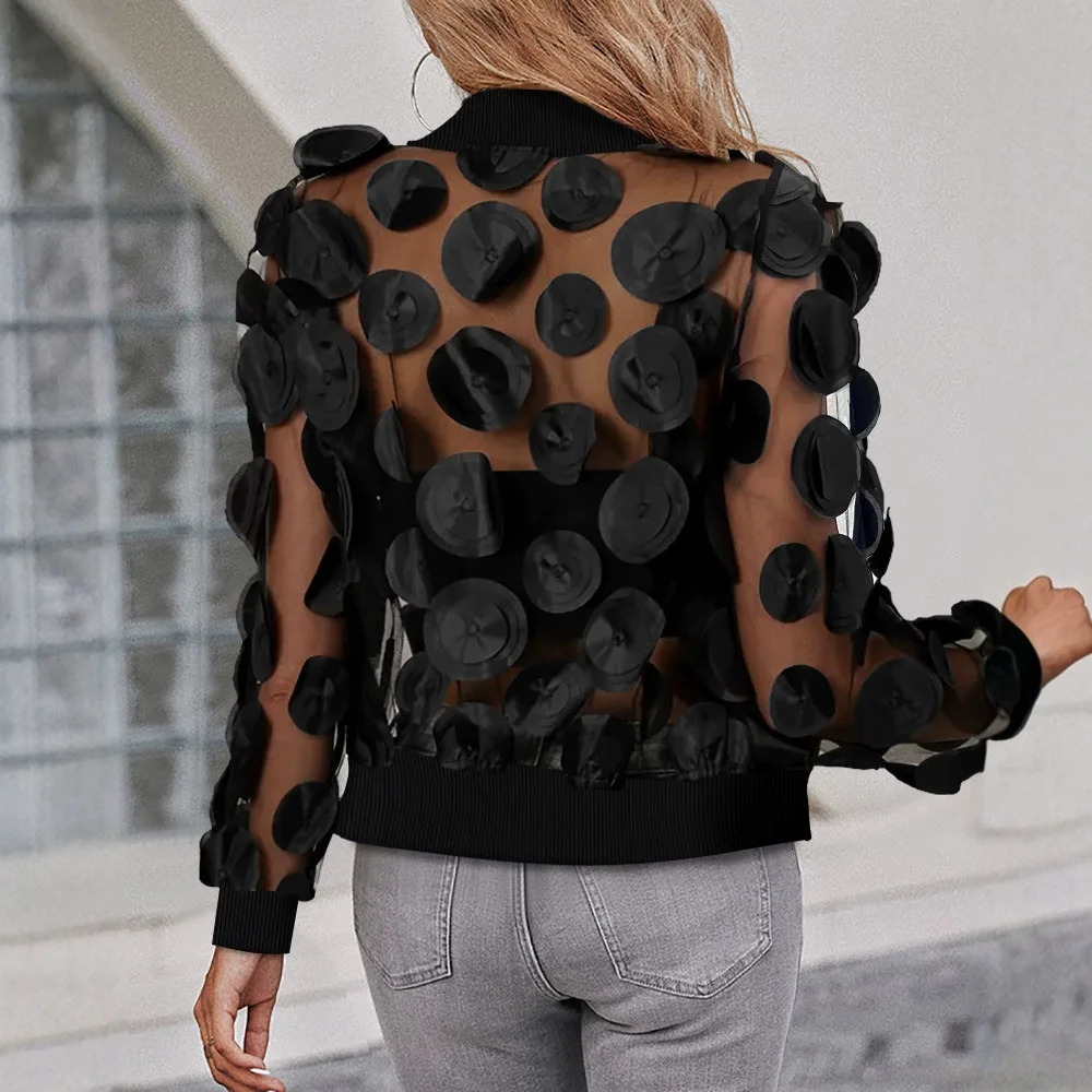 Cardigan Jacket Women Autumn Latest Floral Pattern Sheer Mesh Baseball Collar Zip Up See Through Jacket Open Front Coat 251029