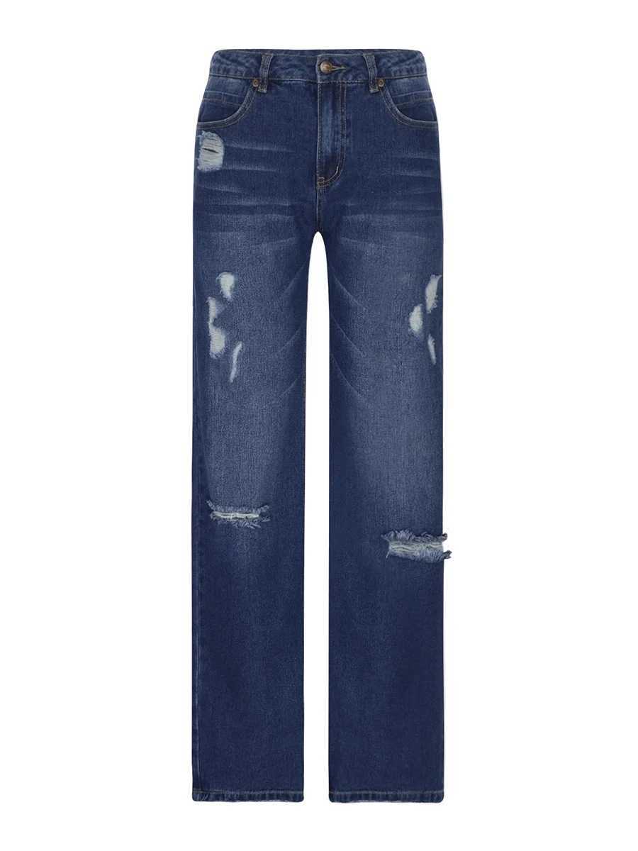 Women Men Denim Pants Casual Ripped Loose Straight Leg Jeans Trousers Trendy Bottoms for Streetwear J251031