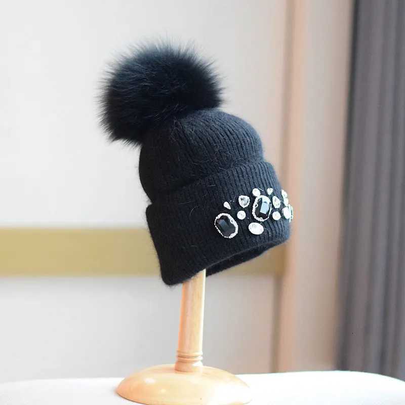 Women Thick Warm CAP For Women Autumn Winter Alloy diamond Fur Knitted Beanies Hat With Detachable Real Fur Pom PomsXJ251101