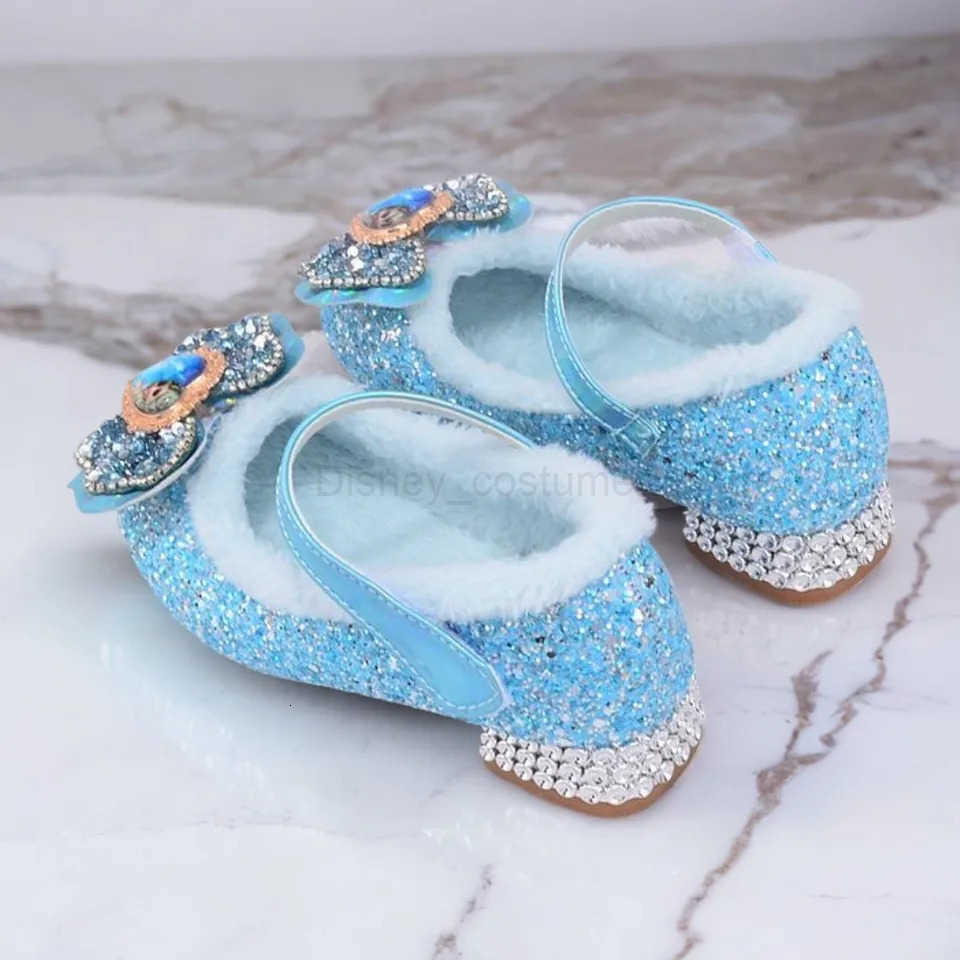 Disney Princess Kids Warm Winter Shoes for Girls Elsa Casual Glitter Children Flat Heel Girls Shoes Butterfly Knot Blue Pink H251101