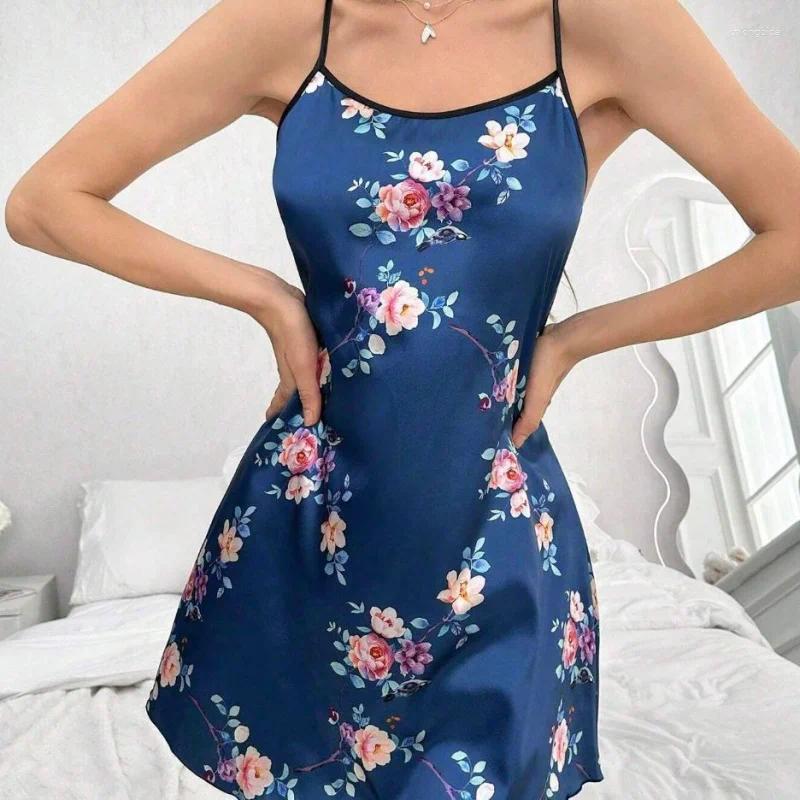 Women's Sleepwear S Women Sexy Sling Nightgown Lingerie Silk Satin Floral Pinting Nightdress Homewear Mini Dress