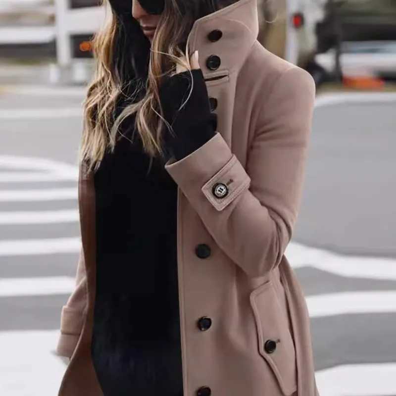 Autumn Winter New Woolen Coat Womens Slim Fit Cardigan Large Coat Women Long Sleeve Single Breasted Stand Collar Trench coatsT251101