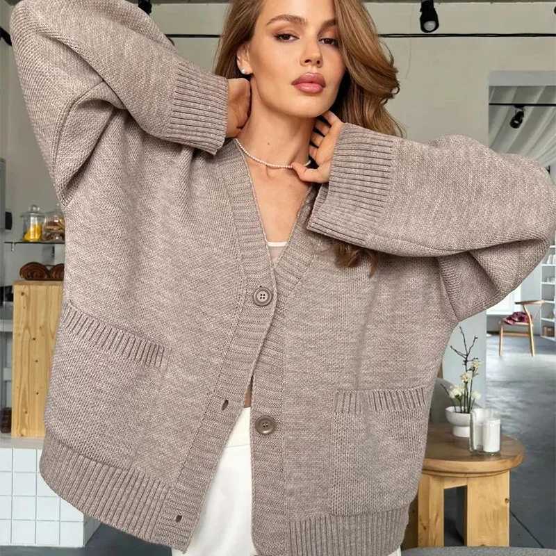 Yellow Knit Single Breasted Cardigan for Women Spring Autumn Loose VNeck Sweater Coat Woman Warm Pockets Long Sleeve CardigansT251101