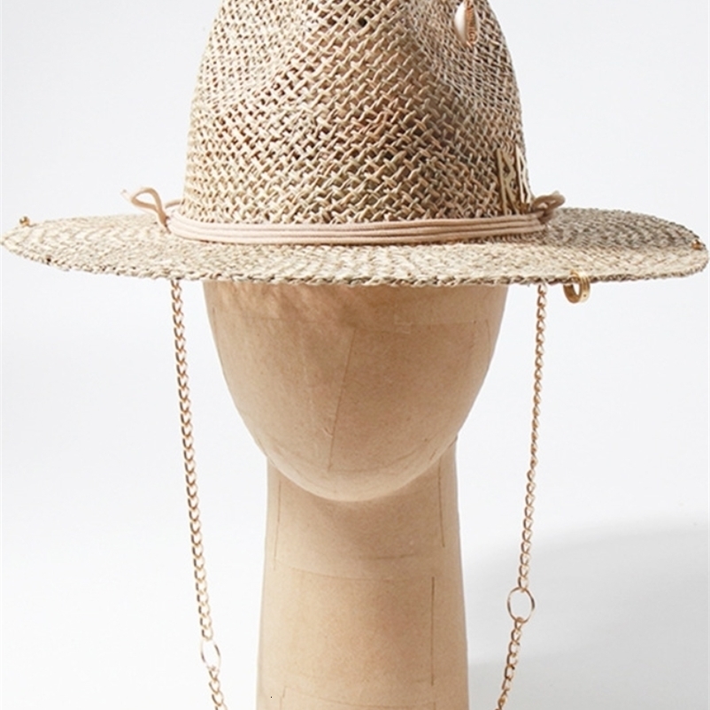 s European and American Style Pin Straw Hat Female Hollow Letter Sun Hat Fashion Metal Chain Sunshade Hat 250326