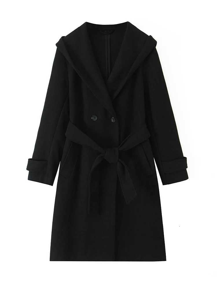 HH Women Fashion Pockets Belt Doublebreasted Hooded Long Coat Autumn Winter Female Temperament Long Sleeve Streetwear JacketT251101