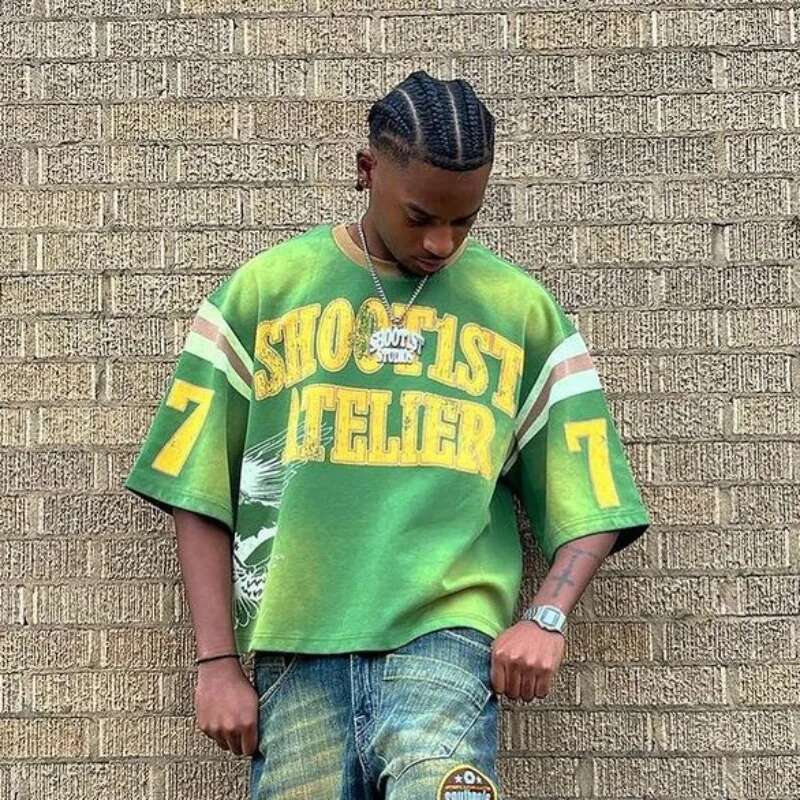American Casual Hip-Hop Patchwork T-Shirt For Men Gothic Fashion Sports High Street Y2k Retro Loose Couple Oversized Top
