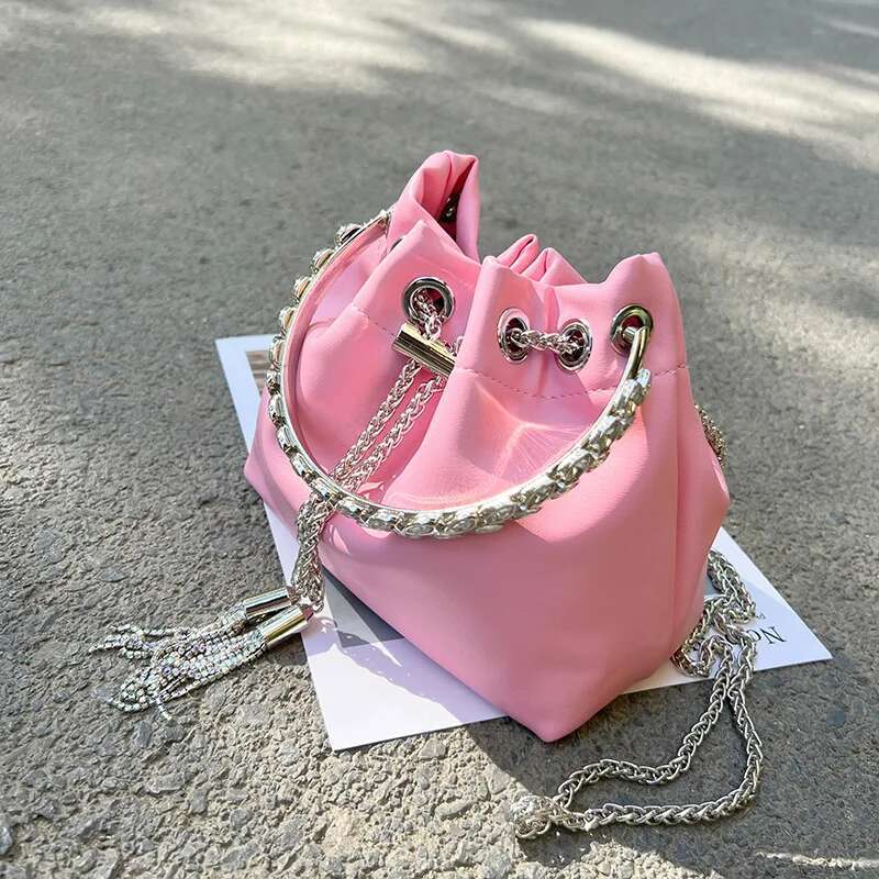 Trendy Korean Small Bucket Fine Crystal Inlay Handle Handbags For Women Chain Shoulder Bag Fashion Pink White Green Clutches