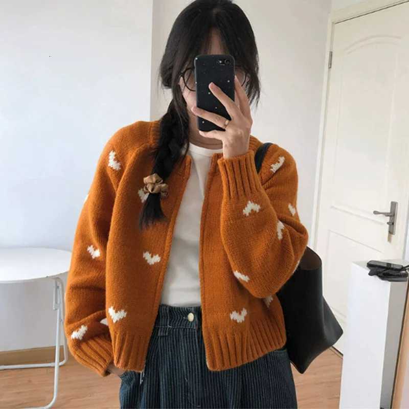 Korean Heart Pattern Knitted Cardigan Women 2025 Y2K Mix Color Long Sleeve Cardigan for Woman Crew Neck Zipper Up Outwear MujerT251101