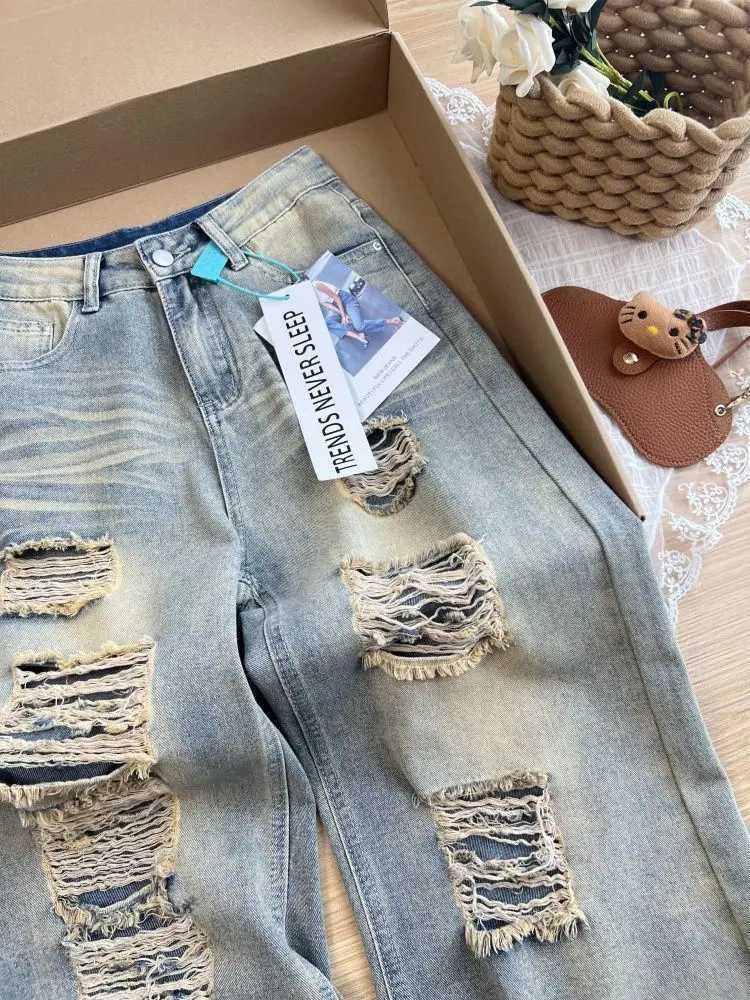 2025 Autumn New Retro Old Ripped Jeans Wideleg Jeans Women Loose Pants Trousers Baggy Jeans J251031