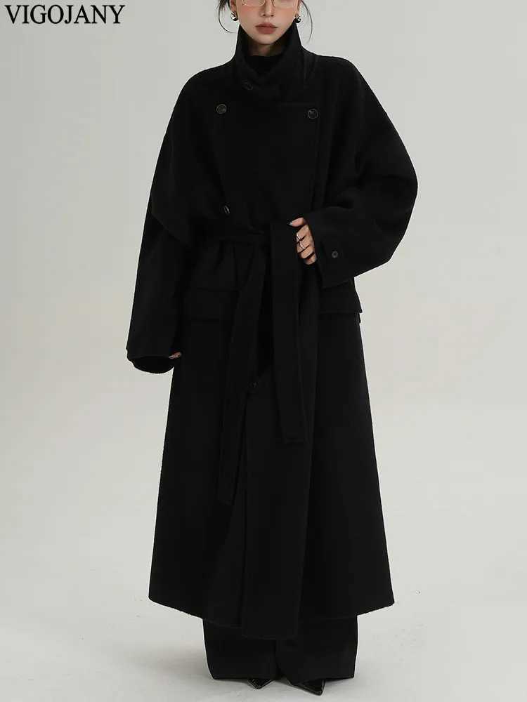 Winter Women Loose Nature 100 Wool Long Coat 2025 Casual Doublebreasted Cashmere Jacket Lady Black Long Sleeve Woolen CoatT251101