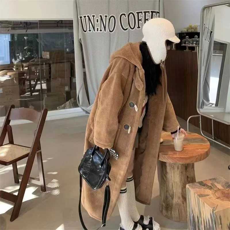 Midlength Wool Coat Women Autumn and Winter Double Breasted Solid Color Long Sleeve Preppy Style Office Lady Hooded Coat FemaleT251101