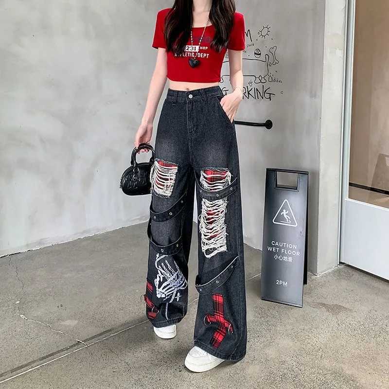American Retro Heavy Industry Hollow Hole Jeans Women Street Design Loose Straight Wideleg Pants High Waist Slim Mopping Jeans J251031