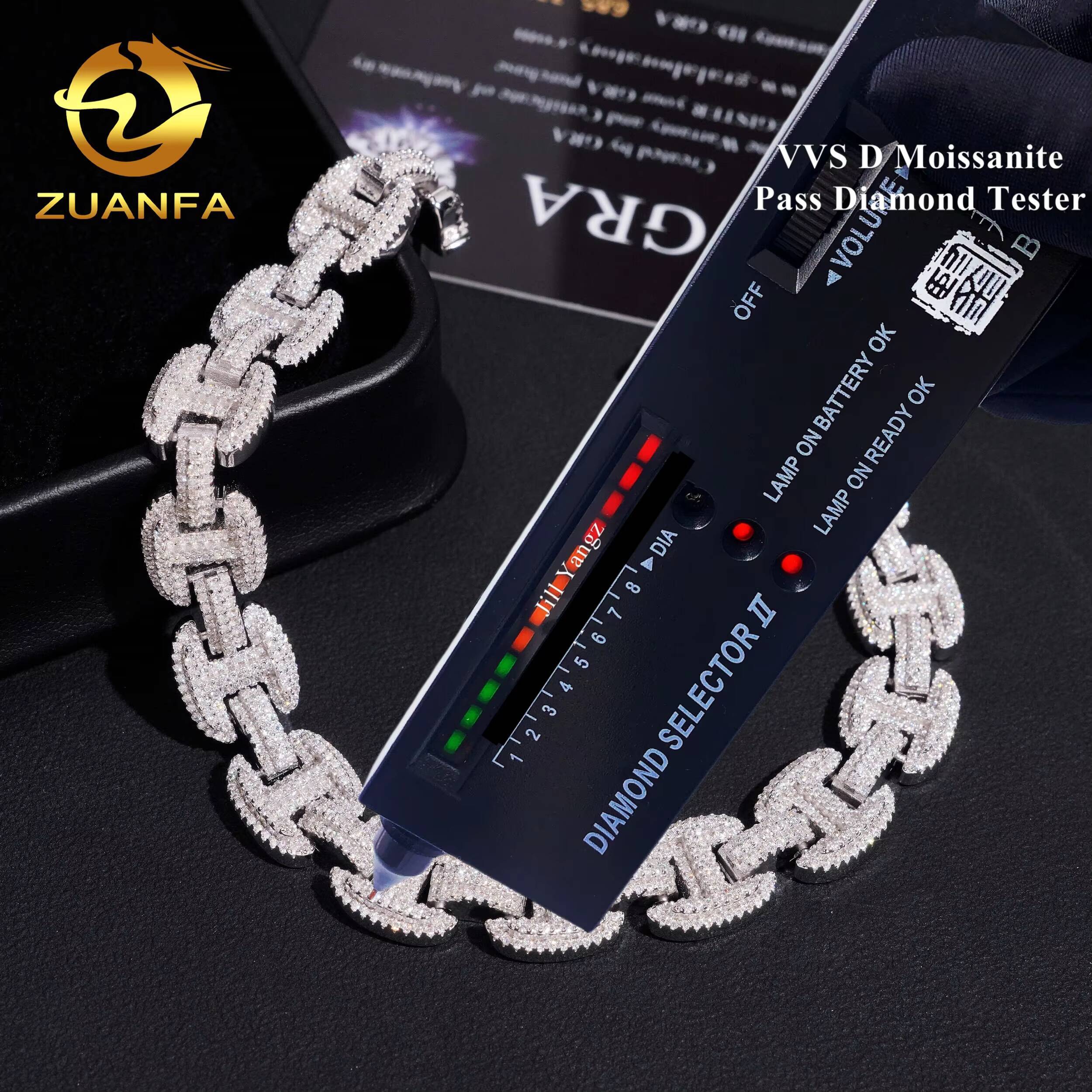 New Design 12mm Moissanite Chain H Shape Cuban Links Pass Diamond Tester 925 Silver Cuban Link Chain Necklace Rhoudium Plated