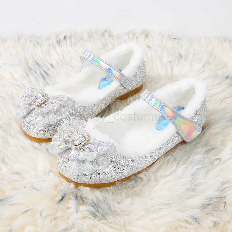 Disney Autumn Fashion Pearl Bow Rhinestone Frozen Elsa Princess Girl Shoes Flat Kids Princess Warm Winter Shoes Size 2336 H251101