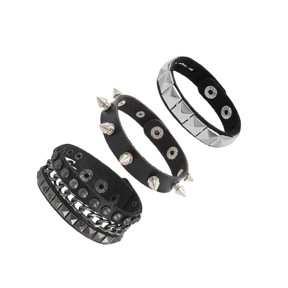 Punk Rock Stud Bracelet Set Spiked Leather Cuff Bracelet Mens 80s Wristband Emo Bracelet Adjustable Y250329