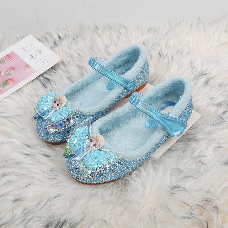 Disney Princess Girls Shoes Frozen Elsa Shoes Performance Party Warm Winter Flats Bow Sequin Pink Blue White Shoes Size 2336 H251101