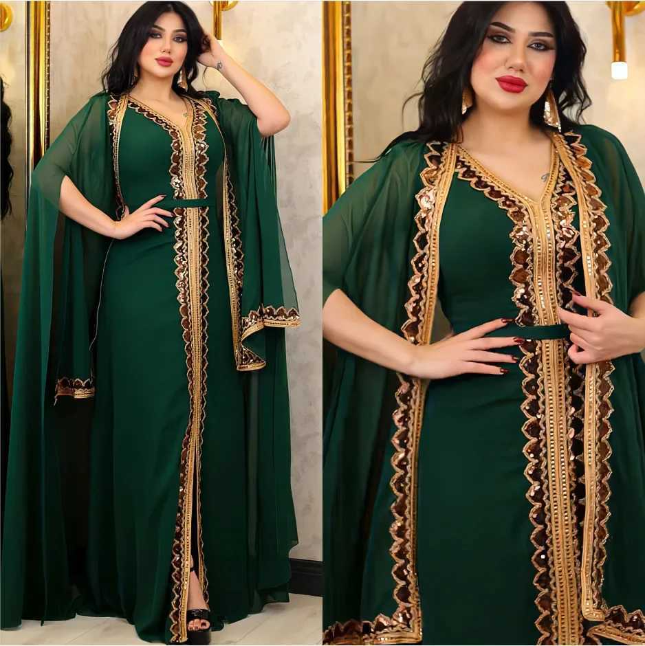 Ele Abayas for Women Dubai 2024 slim womens dress 2-piece set chiffon chlorine Sve Ktan Plus size party sequin robe W250401