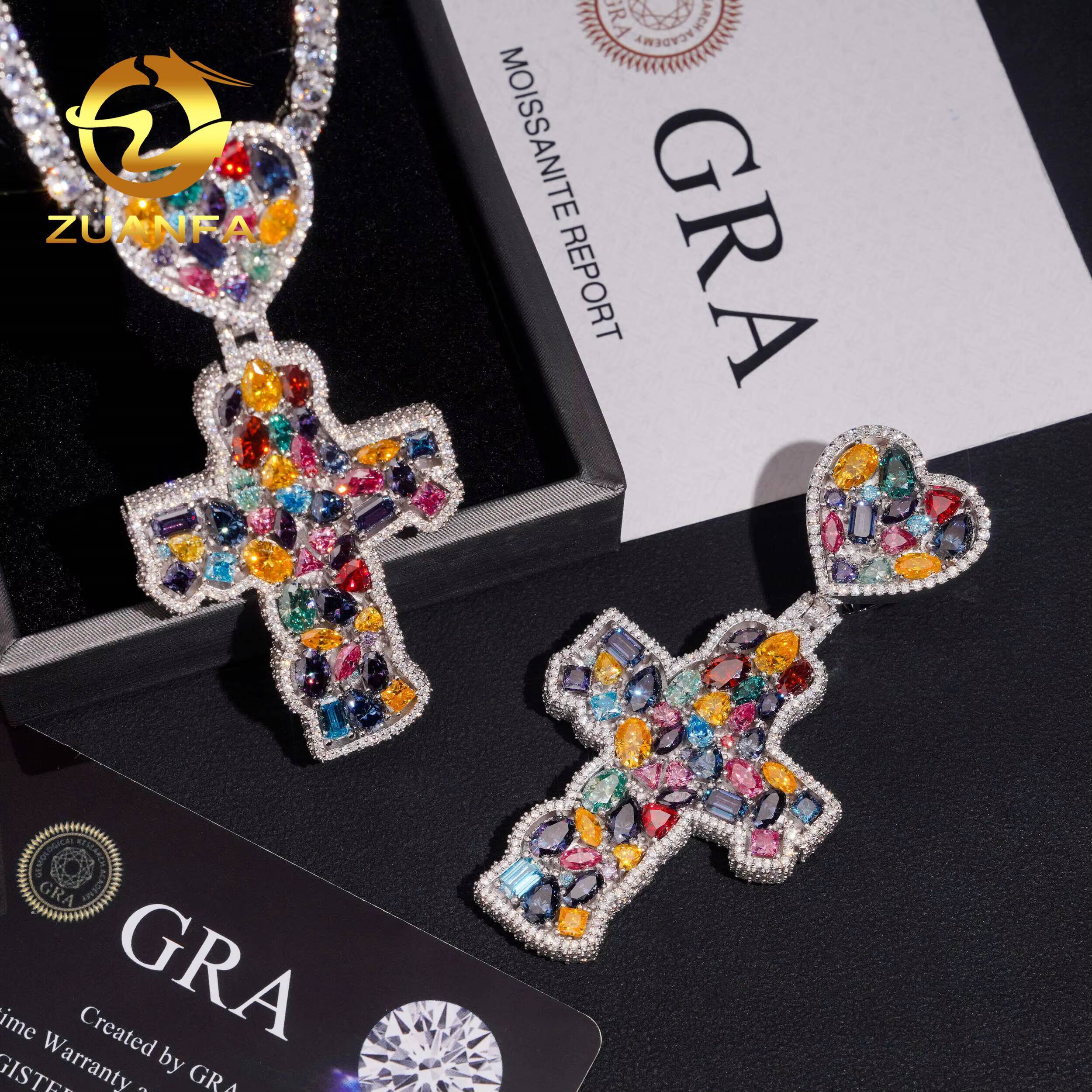 Solid 925 Silver Multicolor Moissanite Diamond Cross Pendant With Heart Bail Hip Hop Pendant Iced Out for Necklace Chain