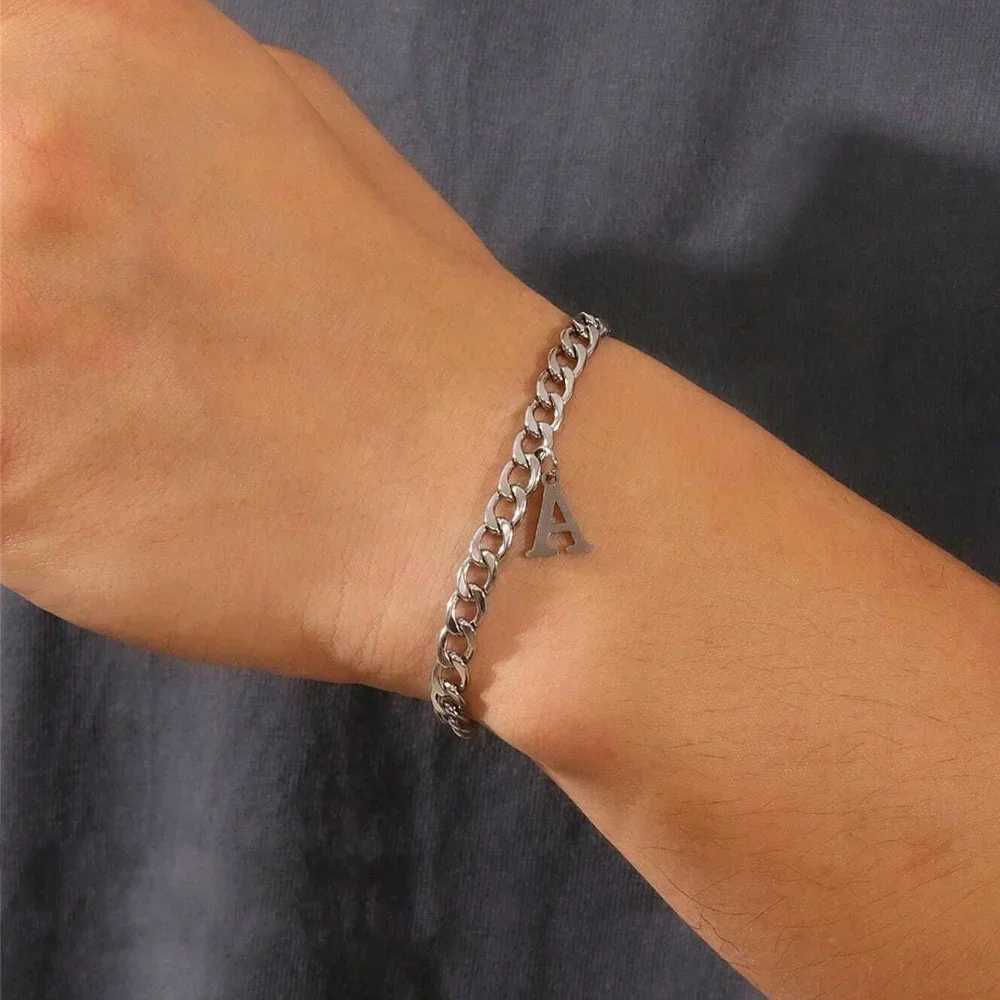 Silver A-Z mens initial bracelet never fading stainless steel Cuban chain bracelet with 26 letter letters Y250329