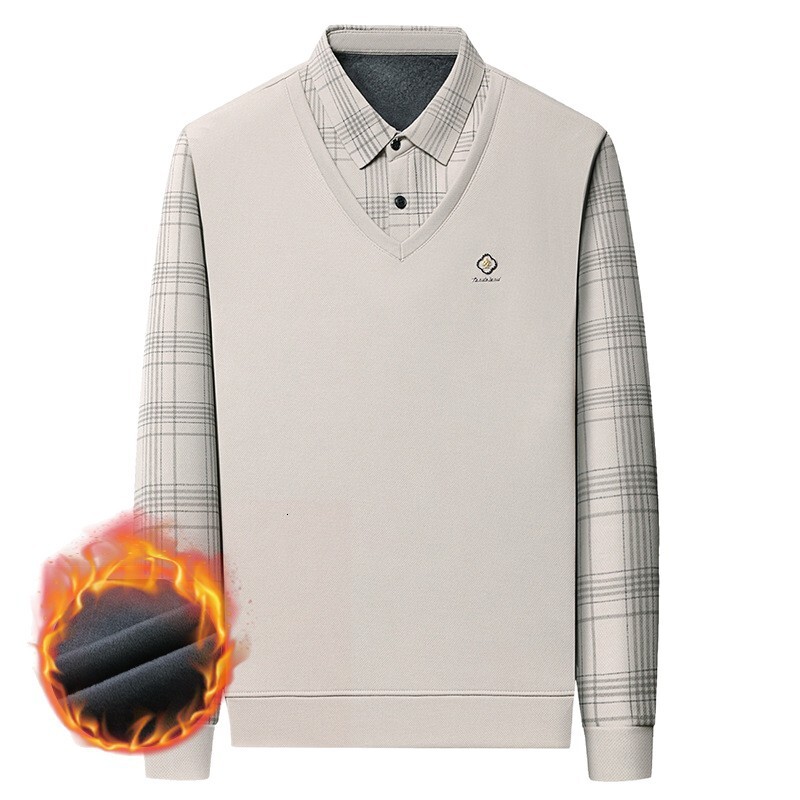 Winter New Fake Two-piece Long Sleeve T-shirt Designer T-shirt Men's Business Casual Fleece Lined Thickened Turn-down Collar Plaid Polo Shirt Top