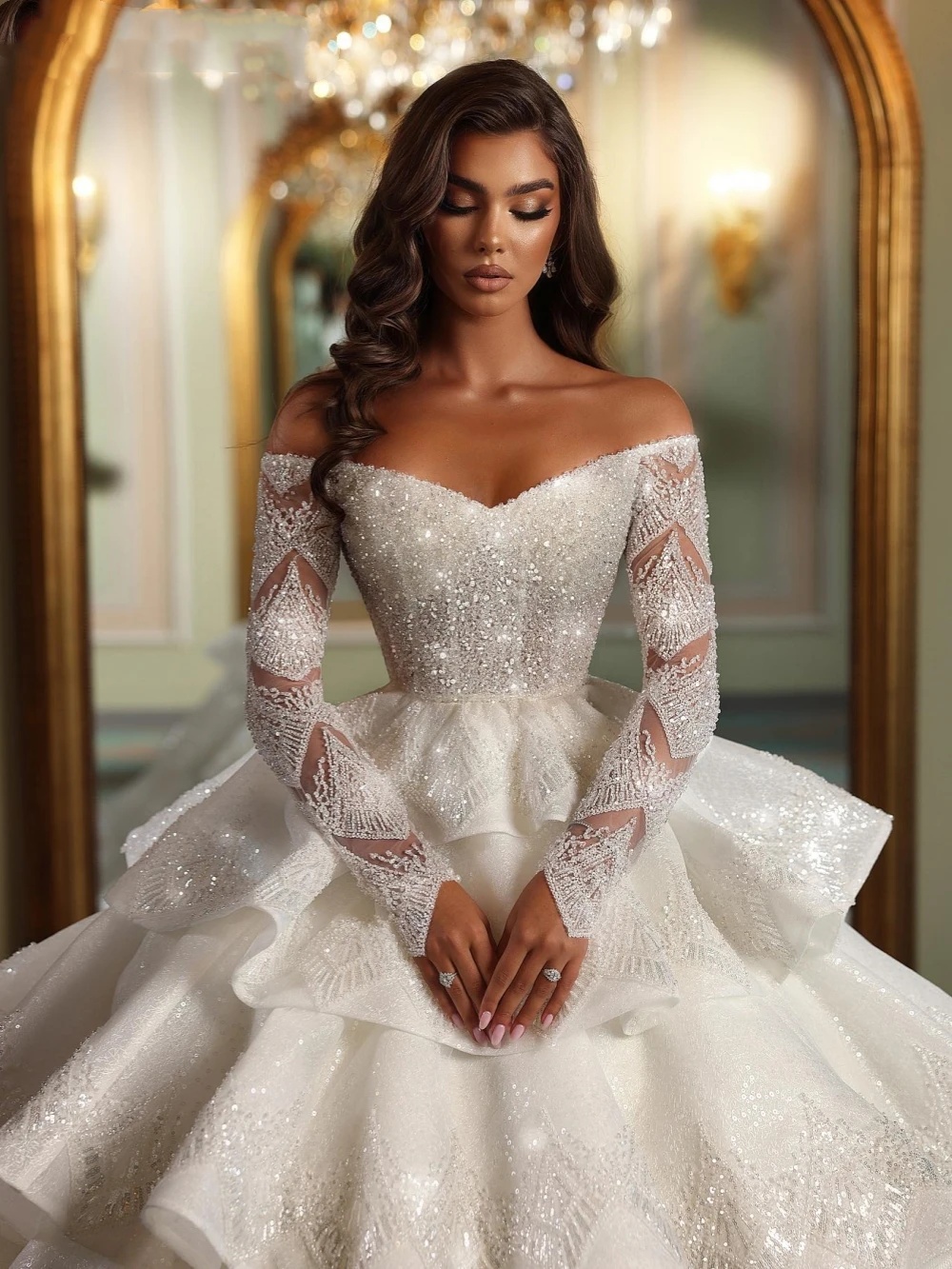 Exquisite Ball Gown Wedding Dress Off Shoulder Long Sleeves Bridal Gowns Sequins Lace Tiered Skirts Sweep Train Dresses Custom Made vestidos de novia