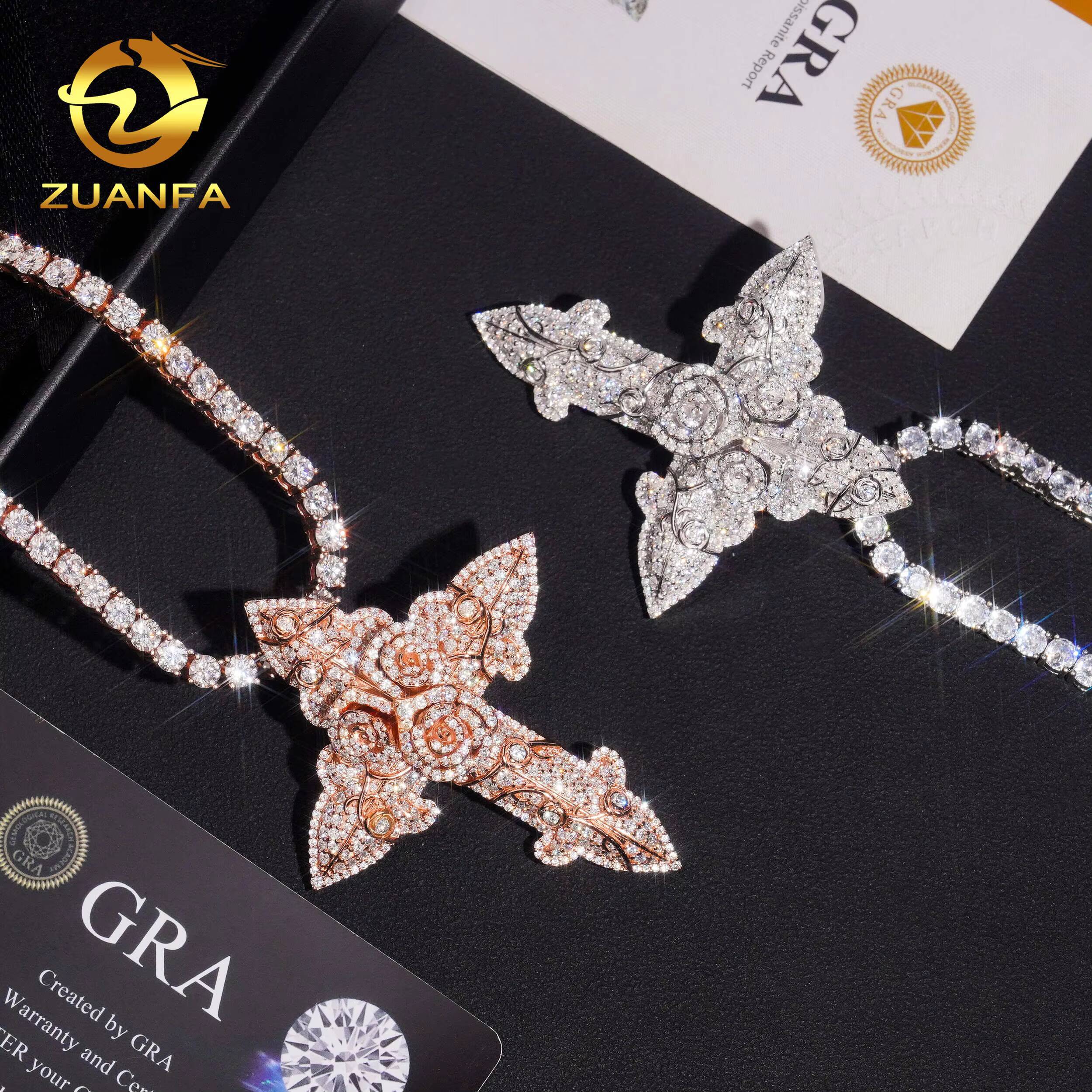 RTS Luxury Rose Fine Hip Hop Moissanite Cross Charms Diamond Jewelry Iced Out 925 Silver VVS Moissanite Cross Pendant