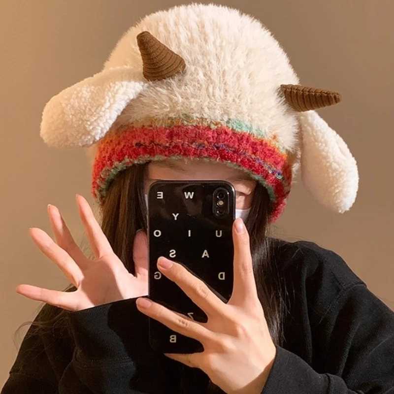 Adorable Lamb Plush Hat with Squeaky Ears Korean Soft Warm Winter Cap for Sweet Women Christmas Birthday Gifts Fur Yarn BeanieXJ251101