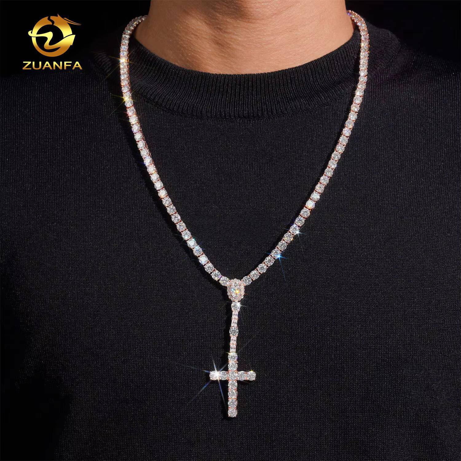 Hot Selling Cross Moissanite Tennis Chain Necklace Pendant Set 925 Sterling Silver Iced Out Hip Hop Jewelry