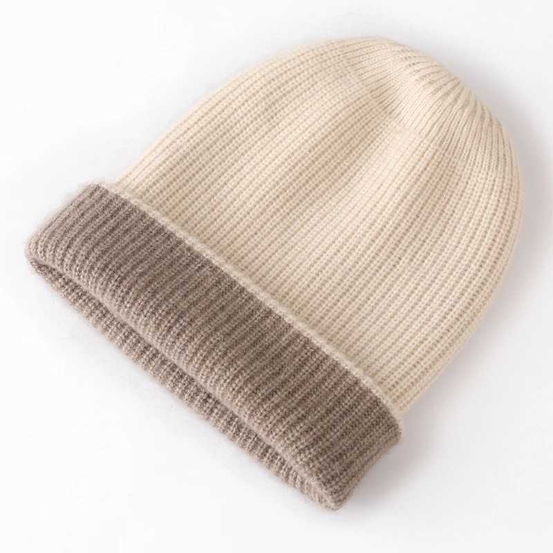 100 Cashmere Double Layer Beanie Hat Double Sided Knit Warm Winter Two Tone Reversible Multi Color Versatile Headwear CapXJ251101