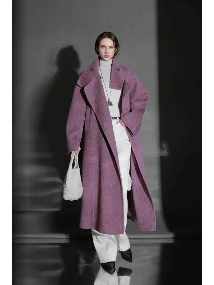 Office Lady Herringbone Alpaca Woolen Jackets 2025 Autumn And Winter Vertical Collar LaceUp Thick Loose Womens Long Wool CoatsT251101