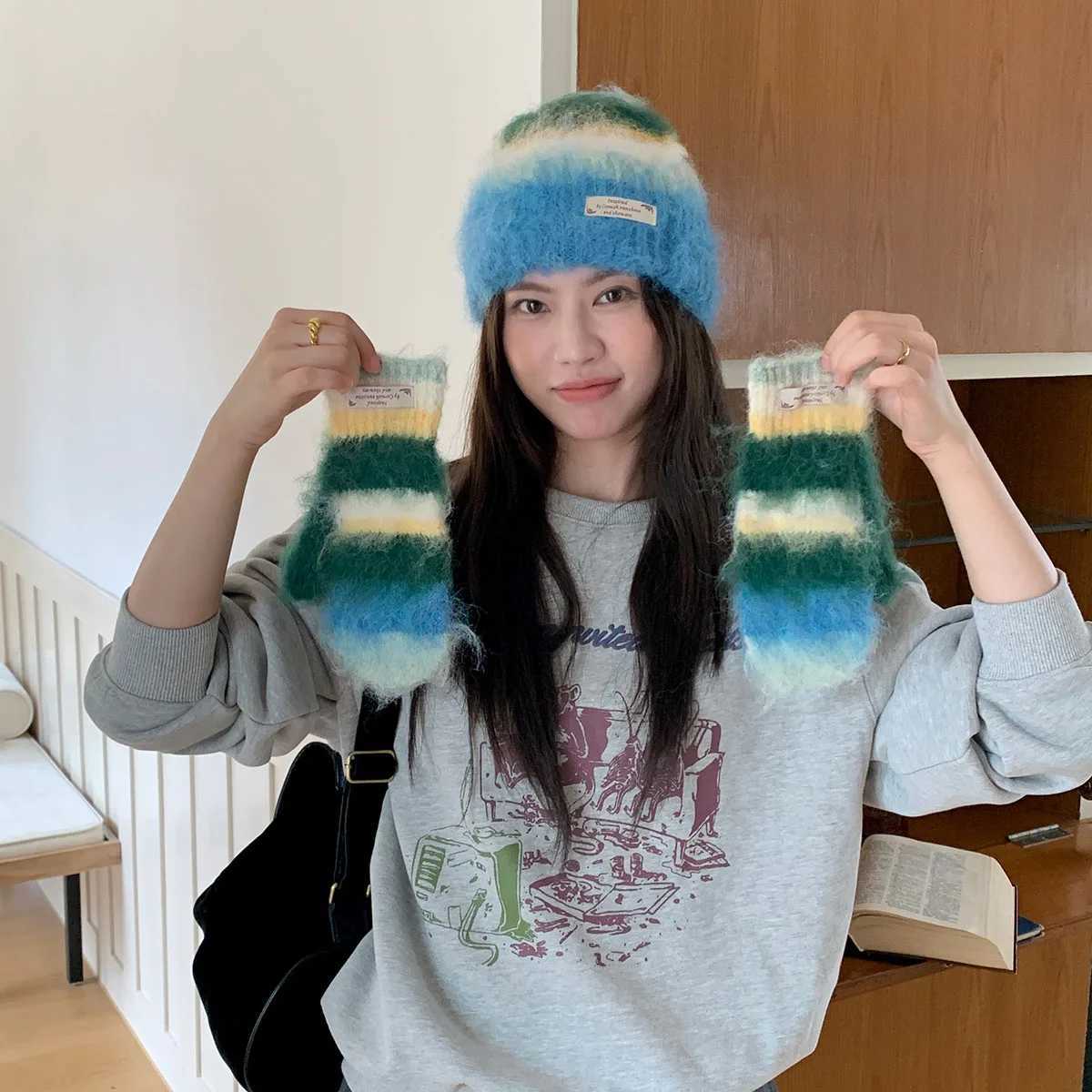 2025 Y2K Colorful hats and gloves Casual Beanies for Women Fashion Knitted Winter Hat Hiphop Skullies Hat Bonnet Unisex CapXJ251101