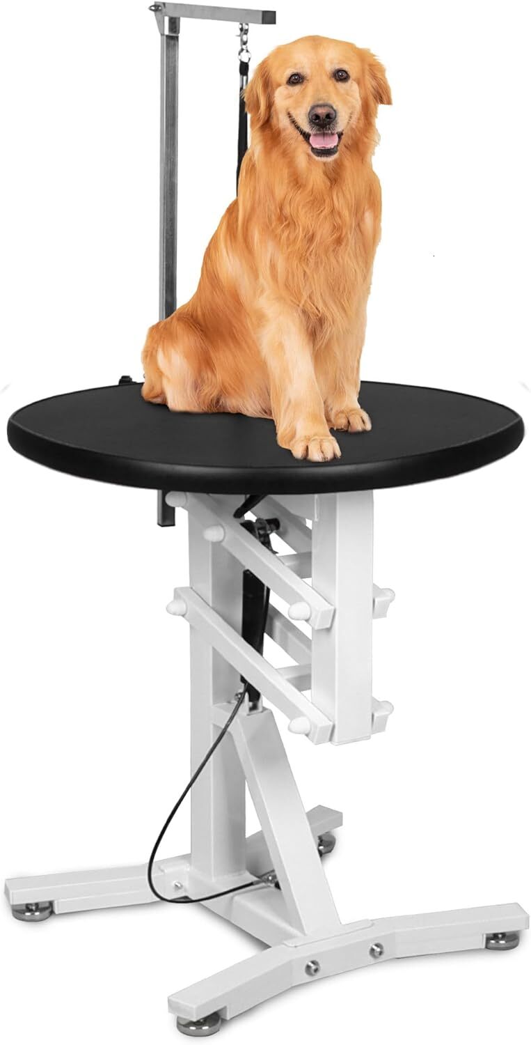 DiDiBirDi 23 inch (approximately 58.6 cm) pet grooming table, pneumatic lift dog trimming station, with anti slip rubber circular rotatable tabletop, 
