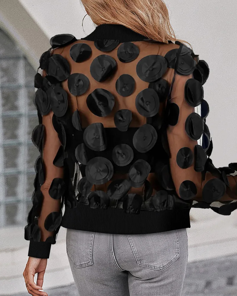 Cardigan Jacket Women Autumn Latest Floral Pattern Sheer Mesh Baseball Collar Zip Up See Through Jacket Open Front Coat 251029