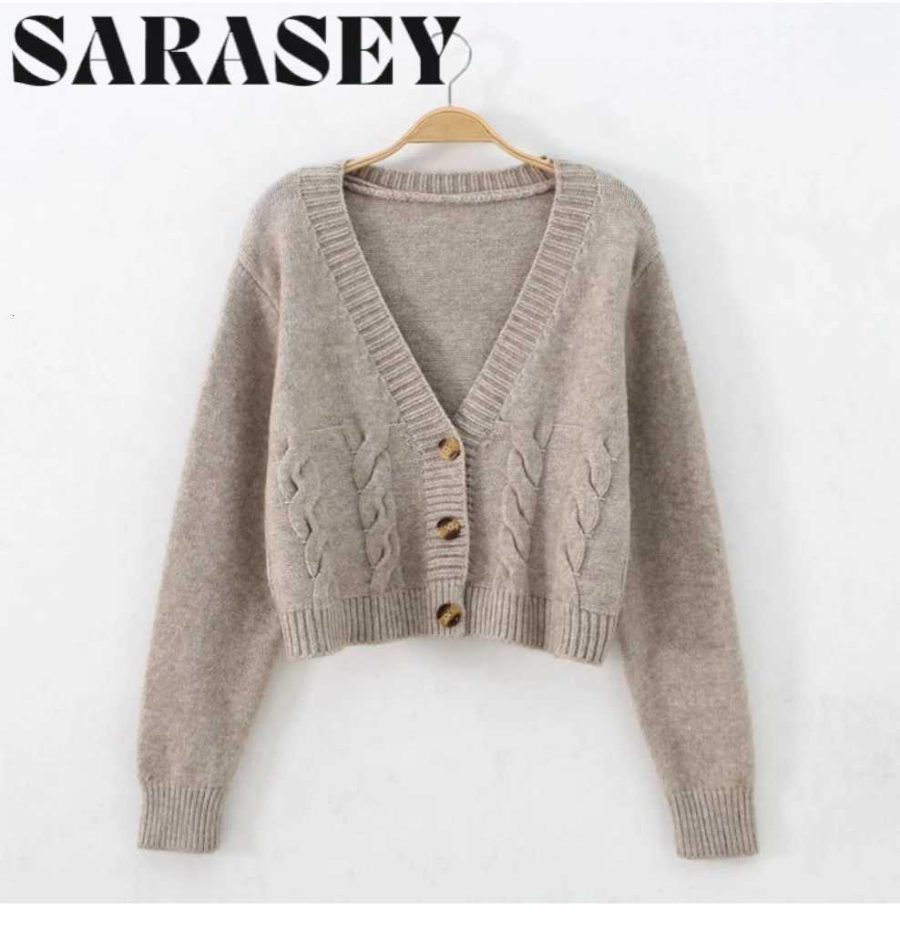 2025 New Women Sweaters V Neck Long Sleeve Short Cardigan Jumpers Knit Single Breasted Tops Slim Fit Solid Spliced ElegantT251101
