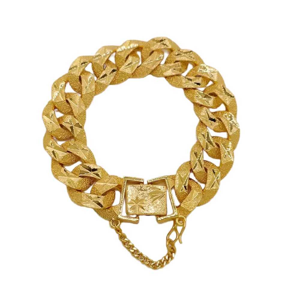 Hip Hop Cuban Link Chain Mens Bracelet Luxury Retro Genuine 24K Gold Plated Copper Charm Short and Fat Bracelet Punk Jewelry Gift Y250329