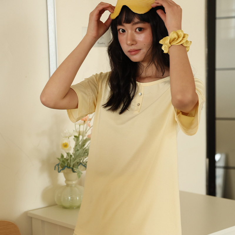 B90-Spring and summer round neck home clothes for women, mulberry silk short-sleeved shorts, loose suit, lace, high-end outerwear pajamas