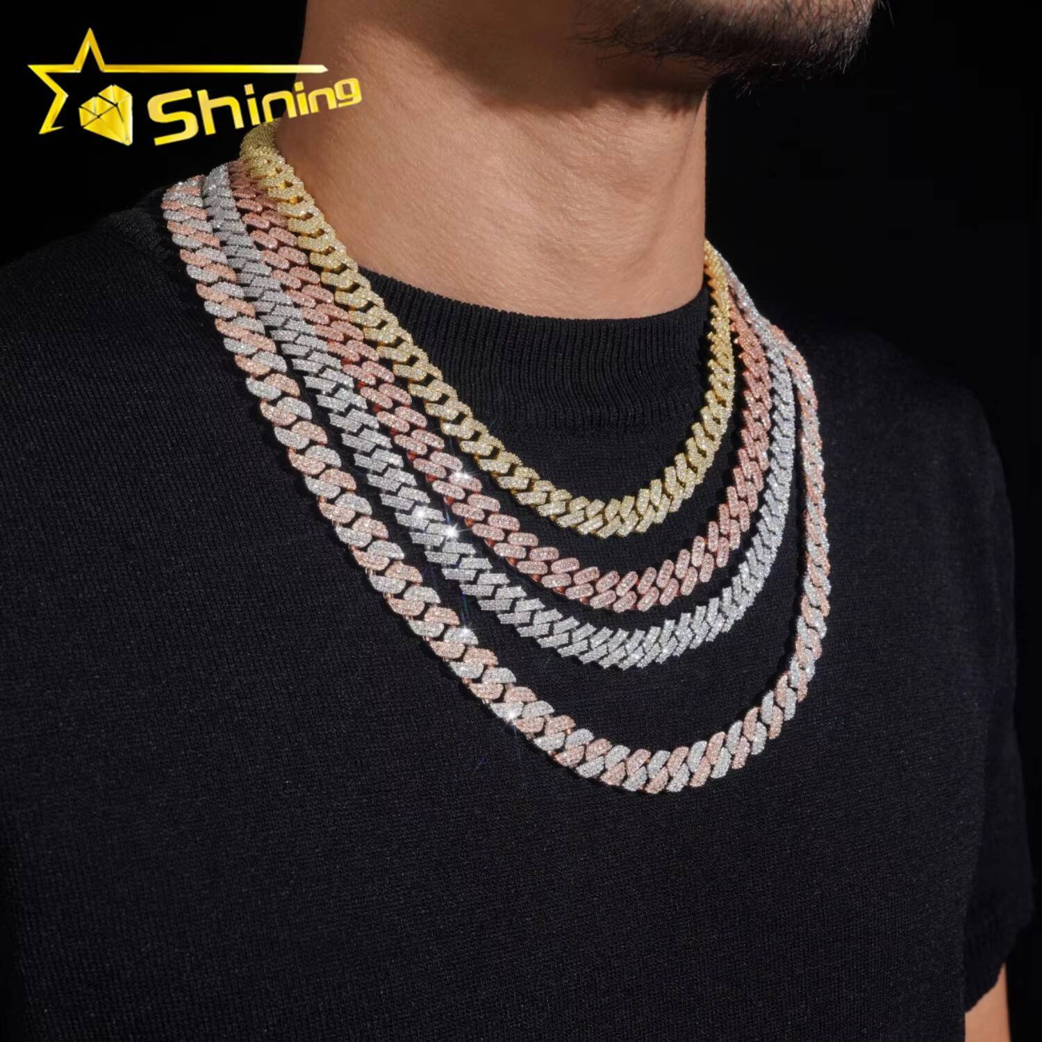 Hip Hop Popular Iced Out High Quality Rose Gold 10mm 925 Silver Moissanite Cuban Link Chain
