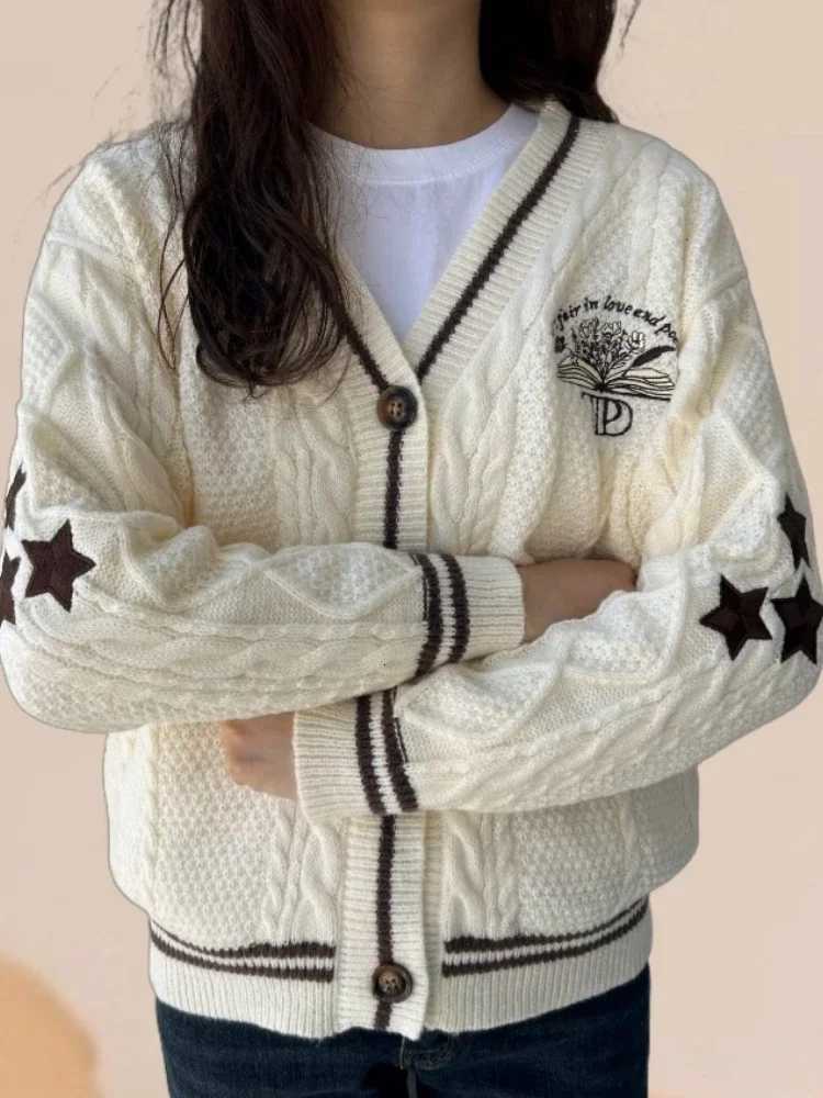 Oversized Vintage Star Embroidery Long Sleeve Single Breasted Women Cardigans Autumn Beige Folk Knitted ttpd Cardigan WomenT251101