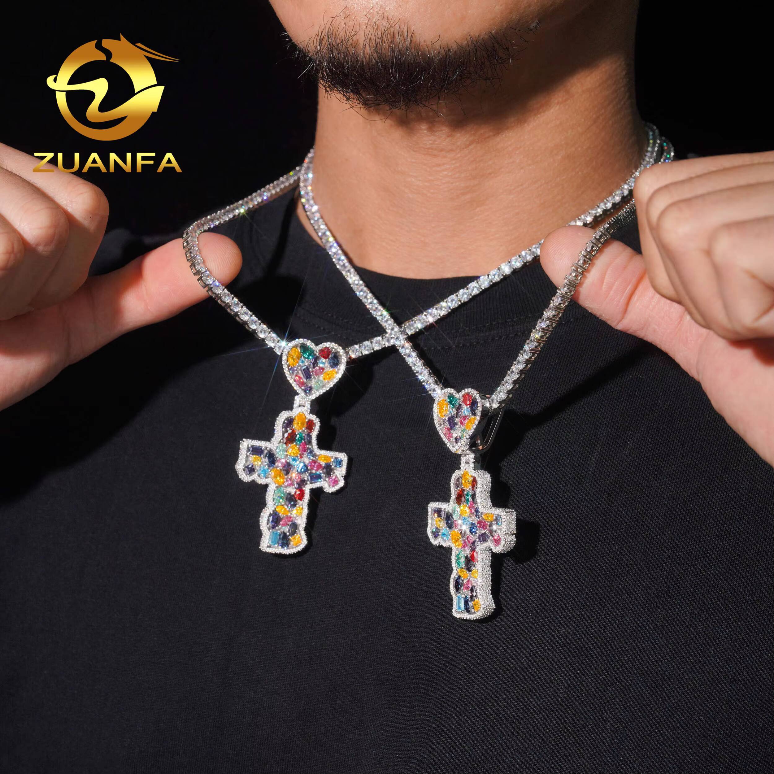 Solid 925 Silver Multicolor Moissanite Diamond Cross Pendant With Heart Bail Hip Hop Pendant Iced Out for Necklace Chain