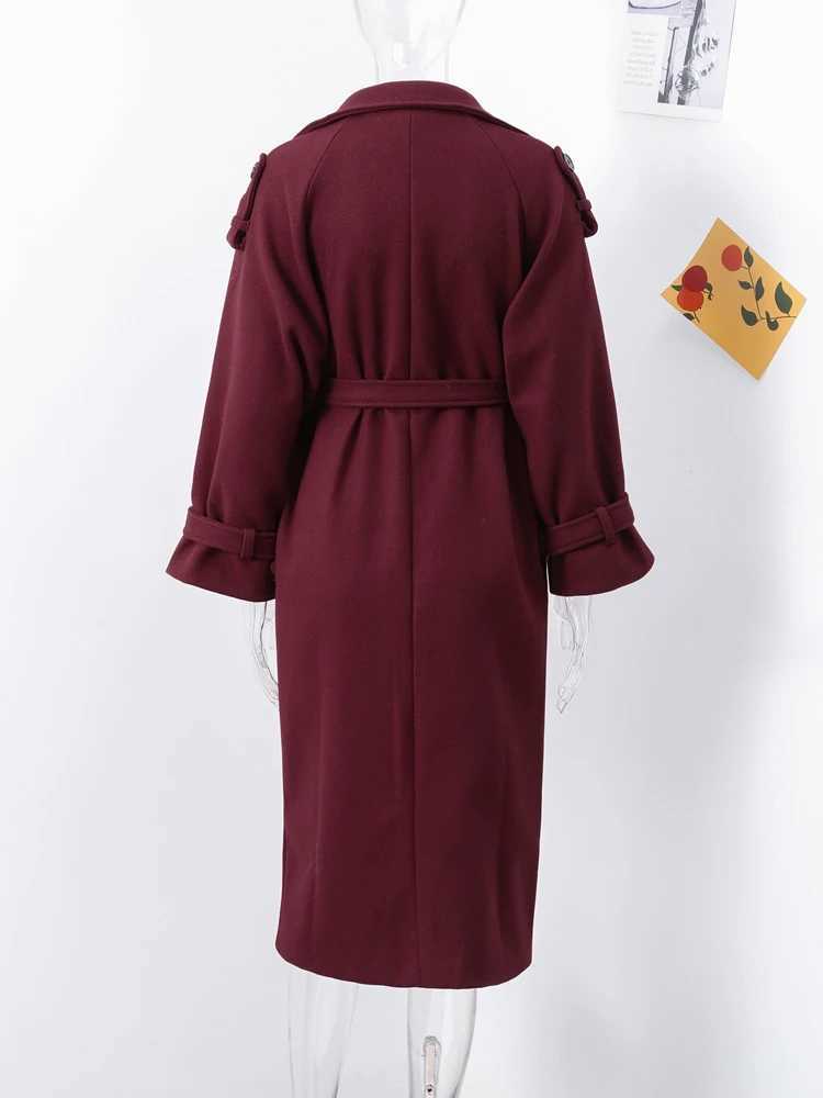 Elegant Womens Burgundy Woolen Overcoat With Belt Lapel Double Breasted Full Sleeve Long Coat 2025 Autumn Winter Lady OutwearT251101