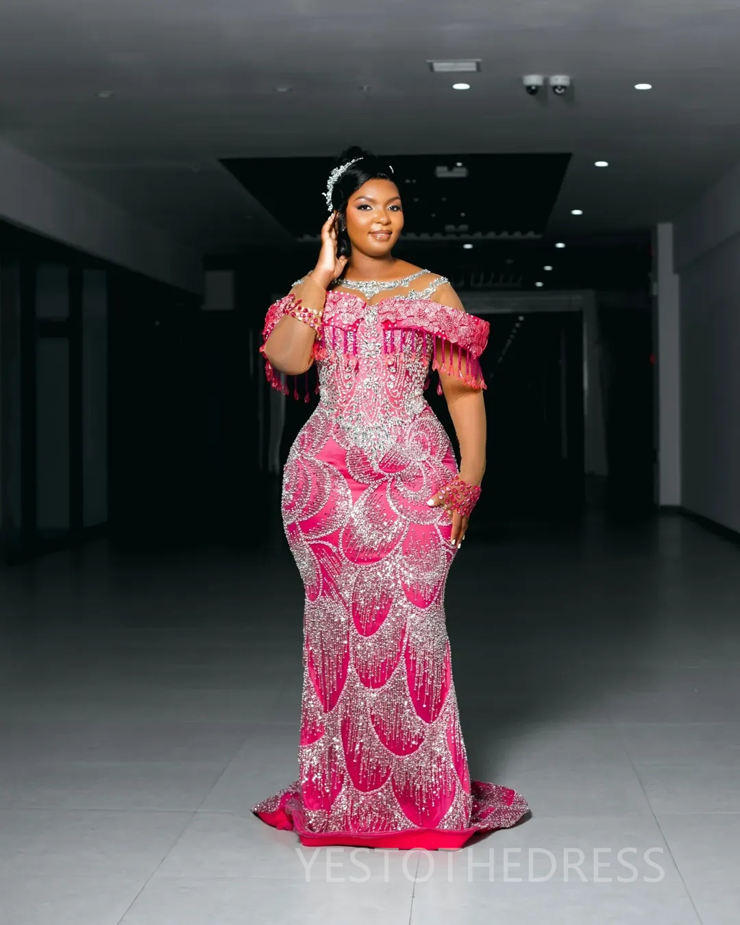 2025 Plus Size Fuchsia Prom Dress Mermaid Evening Dress Sheer Neck Beaded Appliqued Lace Crystals Birthday Dress Second Reception Gowns Engagement AM3