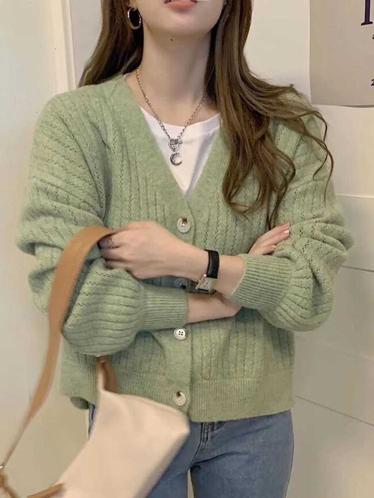 New Womens Vneck Longsleeved Cardigan Sweater Autumn and Winter Knitwear Solid Color Loose Singlebreasted Sweater JacketT251101