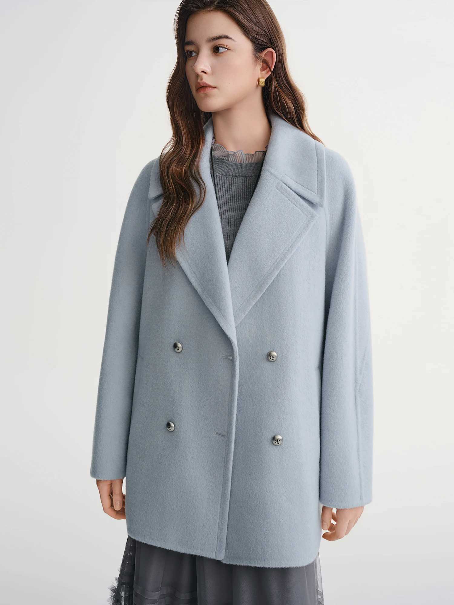 DUSHU Plus Size Womens Wool Tweed Coat 2025 Winter New Arrival Icelandic Encounter Collection Short Coat 100 Wool JacketsT251101