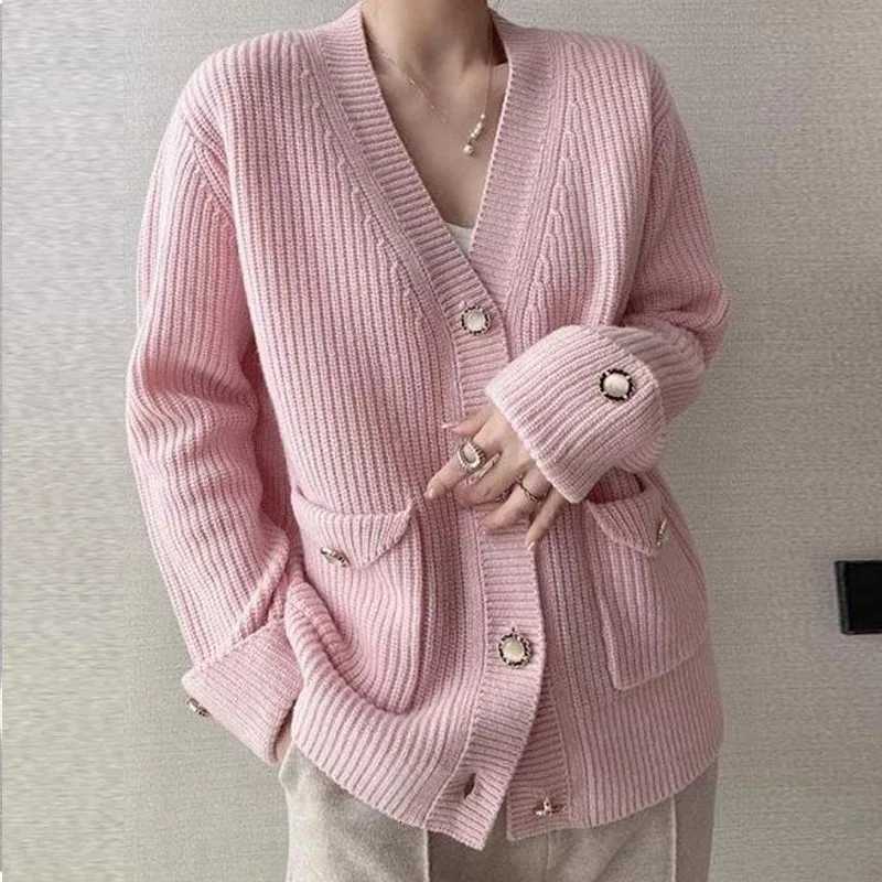 Casual Button Pocket Knitted Cardigan Autumn Winter Korean Fashion Women Tops Loose Knit Coat Sweater Outerwear Clothing 28347T251101