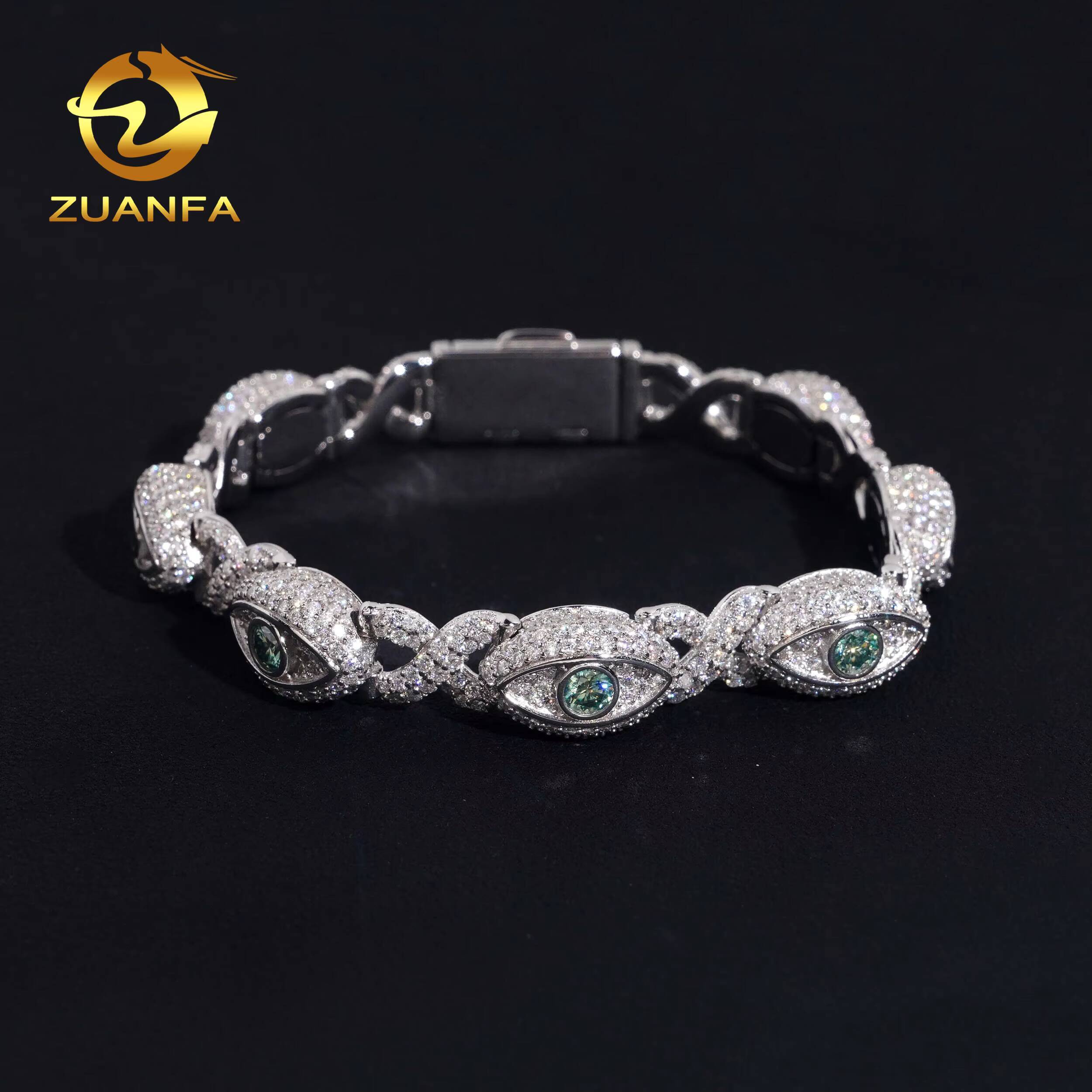 Hip Hop Jewelry 8mm Blue Green Eyes Shape VVS Moissanite Cuban Link Bracelet 925 Silver Moissanite Iced Out Bracelet Men Women