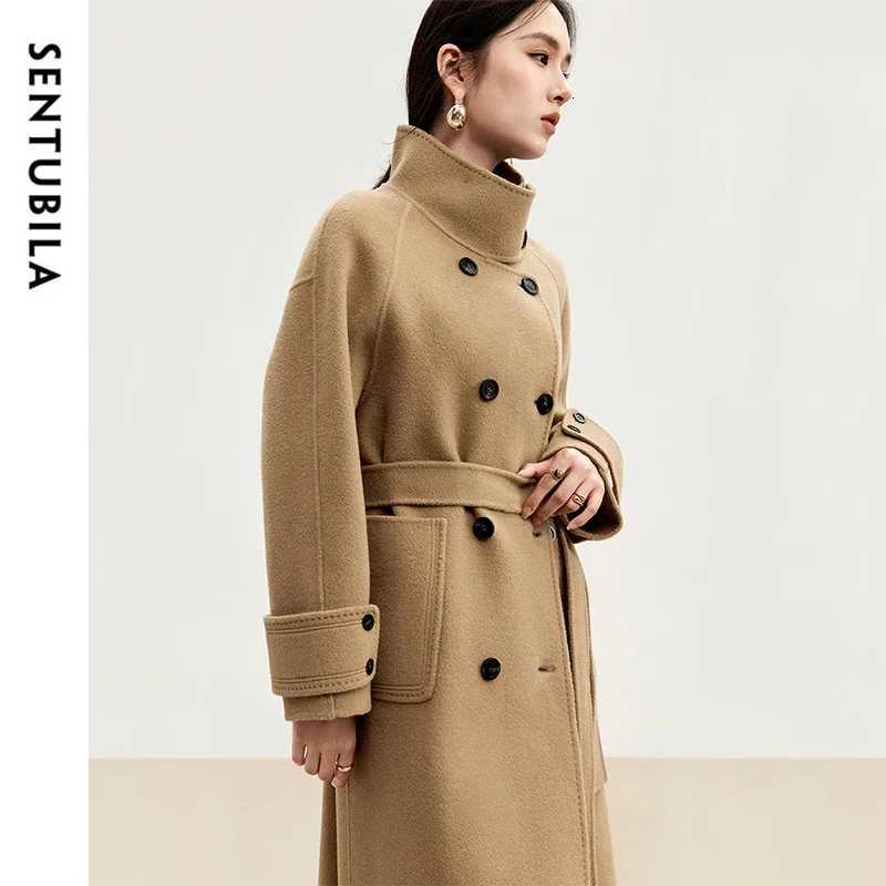 SENTUBILA Korean Style 100 Wool Coats for Women 2025 Winter Oversize Warm Double Breasted Stand Neck Belted Outerwear W44O56385T251101