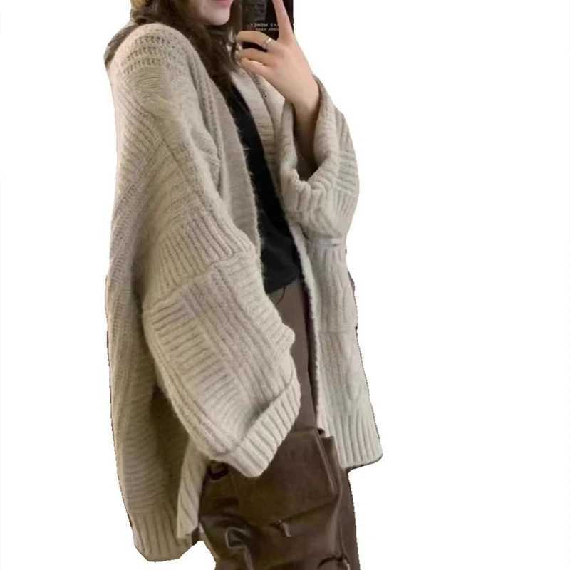 New Loose Womens Knitted Cardigan Casual Solid Color Sweater Medium Length Thick Elegant Loose Coat with PocketsT251101