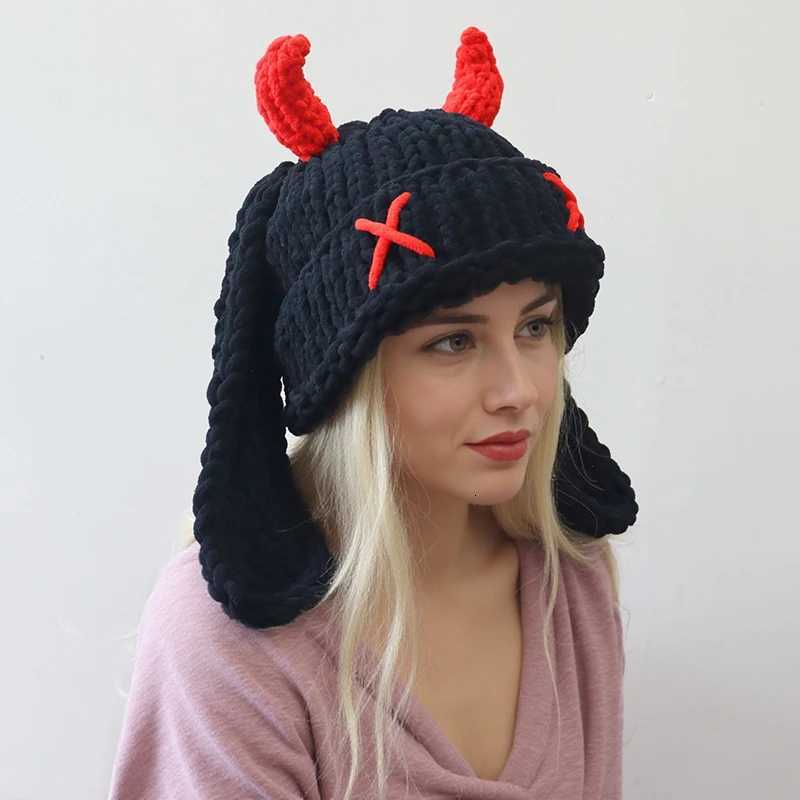 Unisex Autumn Winter Handmade Crochet Knitted Hat Soft Warm Long Ear Beanie Hat Men Women Casual Y2K SkullCap Hats Ski CapsXJ251101